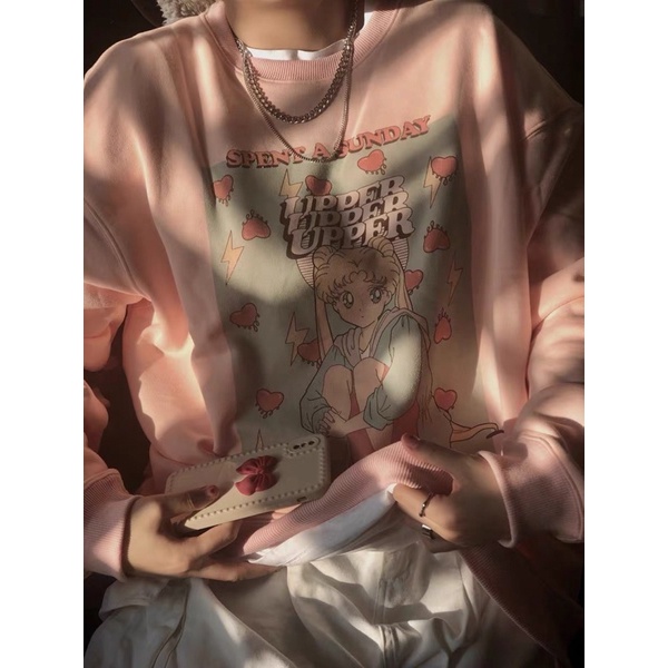 Áo Sweater hồng đào in hình cá tính đơn giản dễ phối đi chơi đi làm