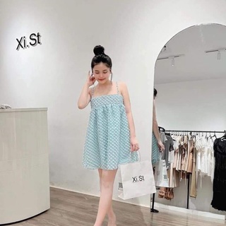 Đầm suông 2 dây babydoll hoa nổi dáng ngắn giấu quần