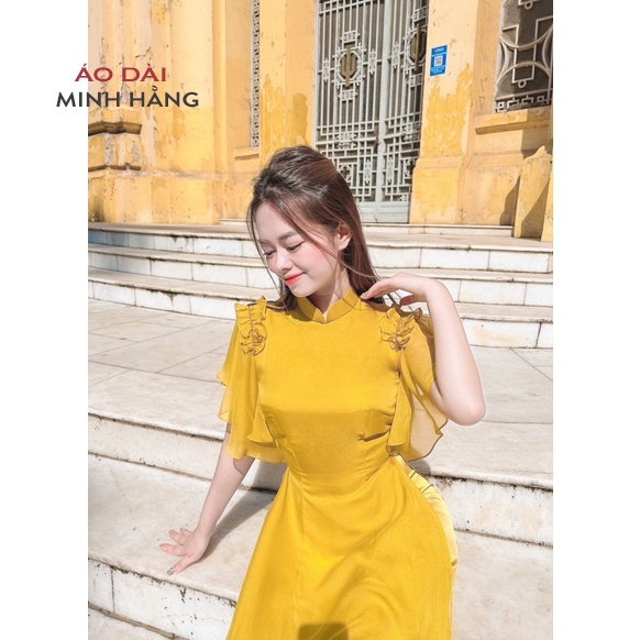 Áo Dài Cách Tân Nữ Thiết Kế Cổ Vuông Tay Xòe Cánh Tiên May Sẵn Lụa Tơ Óng Vàng 4 Tà Bigsize Dự Tiệc Lễ Tết- MH002