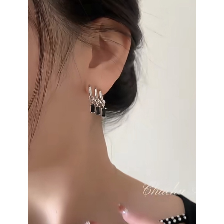 Khuyên Tai Màu Đen Đính Đá zircon Phong Cách hip hop Thời Trang Cá Tính Cho Nữ