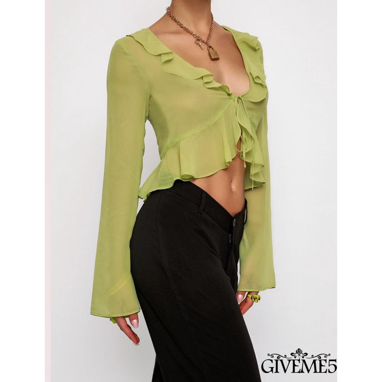 Áo Croptop Tay Loe Dài Cổ Chữ V Xẻ Sâu Gợi Cảm Cho Nữ