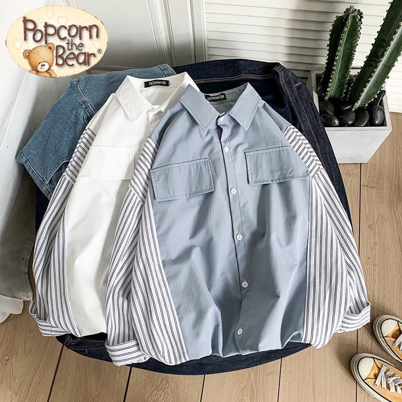 Áo Sơ Mi Dáng Rộng Họa Tiết Kẻ Sọc Phong Cách Harajuku Nhật Bản Cao Cấp Cho Nam