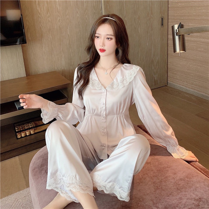 Bộ đồ ngủ phối ren phong cách Pháp ngọt ngào thời trang xuân thu cho nữ 2021