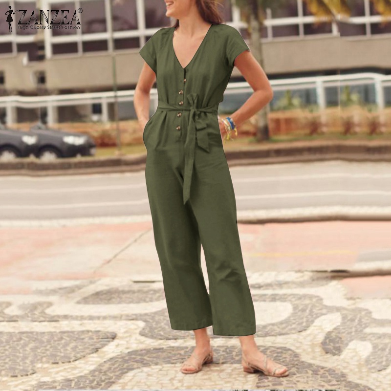 Zanzea Áo liền quần Ngắn Tay Cổ Chữ V Có Túi Phối Thắt Lưng Tháo Rời Được Phong Cách Châu Âu