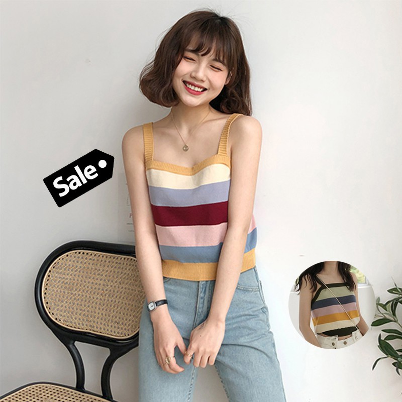 Áo dệt kim không tay phối hoạ tiết kẻ sọc ngang nữ tính | BigBuy360 - bigbuy360.vn