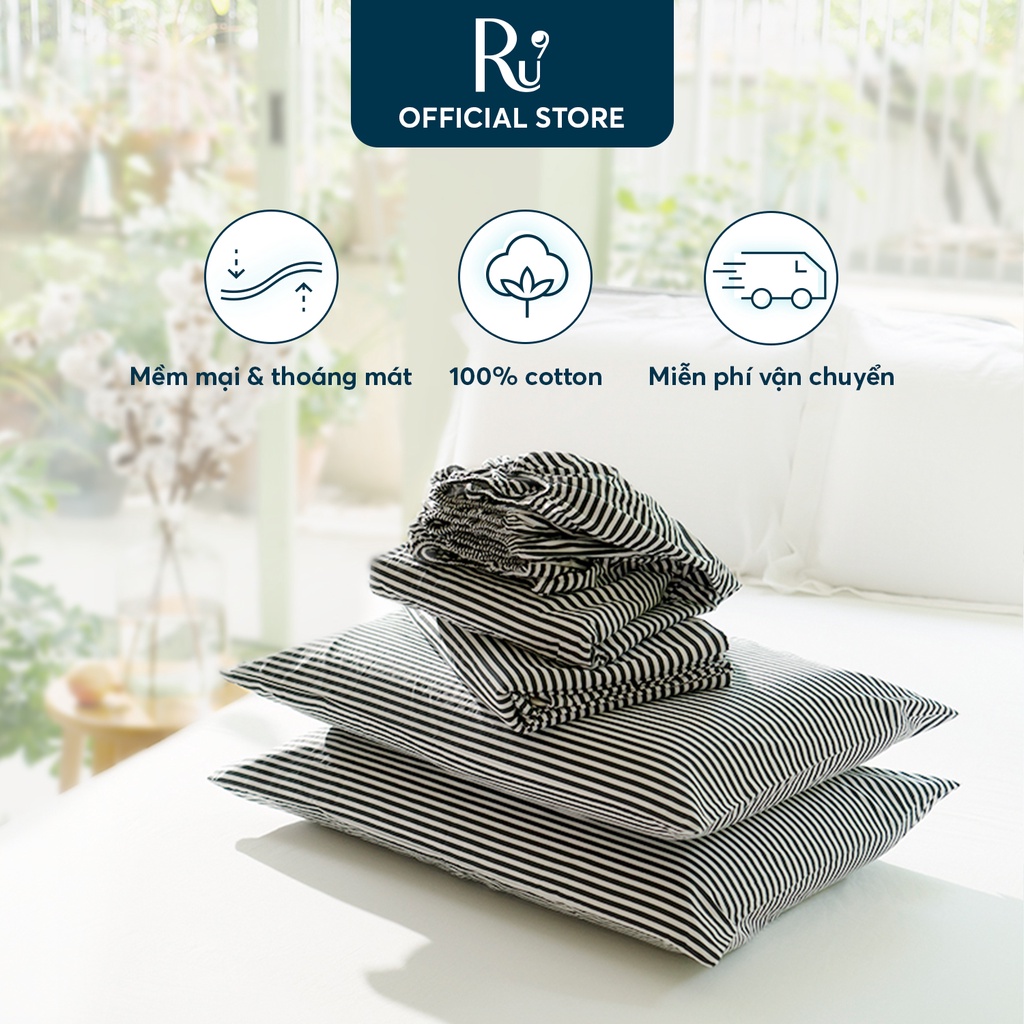 Bộ Ga Trải Giường Ru9 Cotton Percale 100% Cotton Tự Nhiên - Black Oyster Stripe - 6 Kích Thước