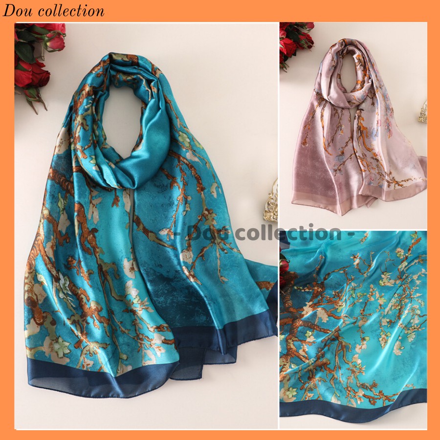 [Nowship2h] Khăn Choàng Quàng Cổ Lụa Cao Cấp Họa Tiết Hoa Du Lịch Mùa Hè Đi Biển - Chất Liệu Silk - 90x190cm - Mã KS005