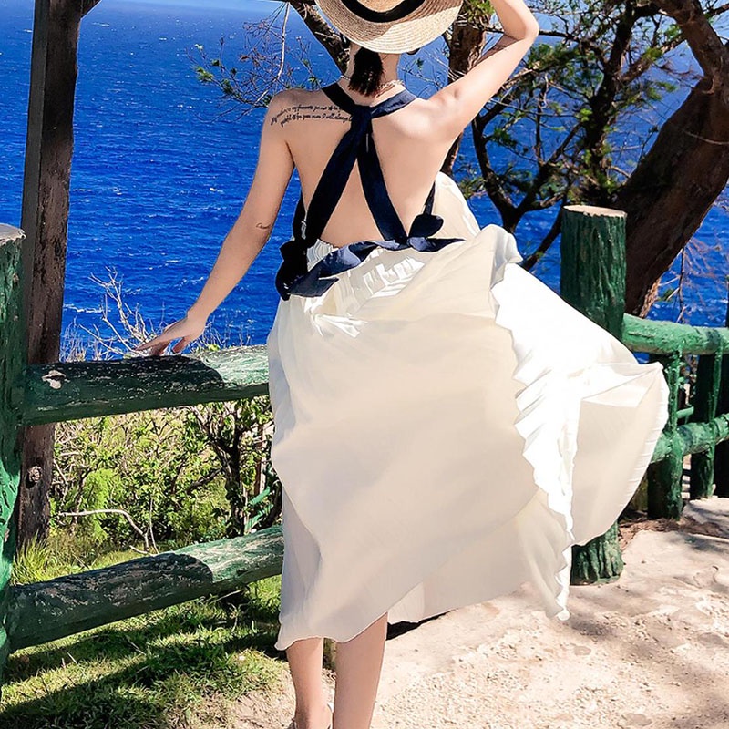 IELGY  Đầm Hai Dây Dáng Dài Màu Trắng Thời Trang Đi Biển Cho Bạn Gái