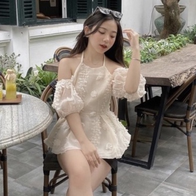 Set đồ nữ đi chơi áo yếm trễ vai quần short ống rộng du lịch dạo phố