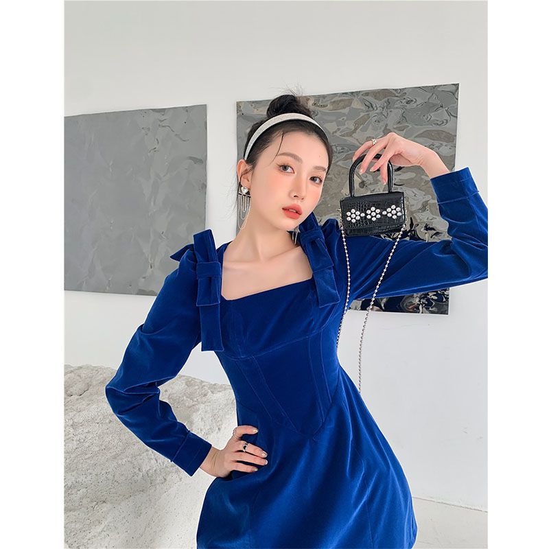 Hàng Có Sẵn!F &amp; X Đầm Nhung Ngắn Dáng Chữ A Cao Cấp Cổ Vuông Màu Xanh Dương Vàng Thời Trang Mùa Thu 2022 Mới Dành Cho Bạn Nữ