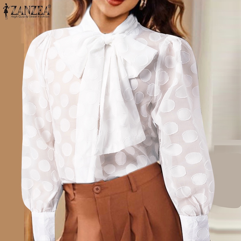 Áo sơ mi Zanzea chấm bi cổ thắt nơ tay dài thời trang dành cho nữ