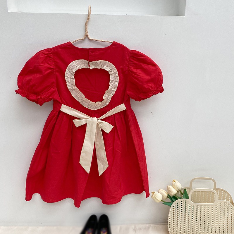 Se7en Đầm Công Chúa Mùa Hè Màu Trơn Hở Lưng Thắt Nơ Hình Trái Tim Đơn Giản Cho Bé Gái