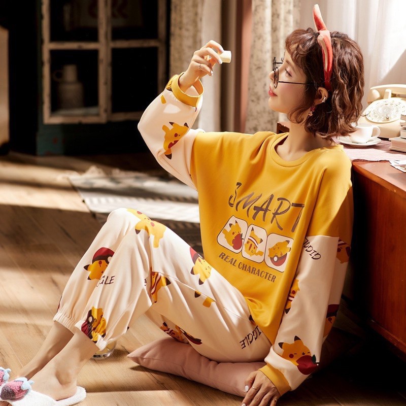 Bộ ngủ thu đông tay dài dễ thương cao cấp sẵn nhiều màu tiểu thư hàn quốc