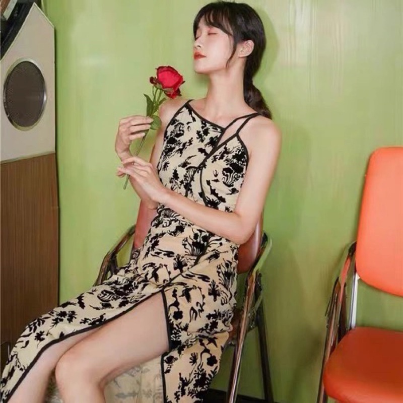 Đầm nữ dáng dài ✅ Váy cổ yếm body hoạ tiết dáng dài cut out phối kiểu ôm - mã váy V57 | WebRaoVat - webraovat.net.vn