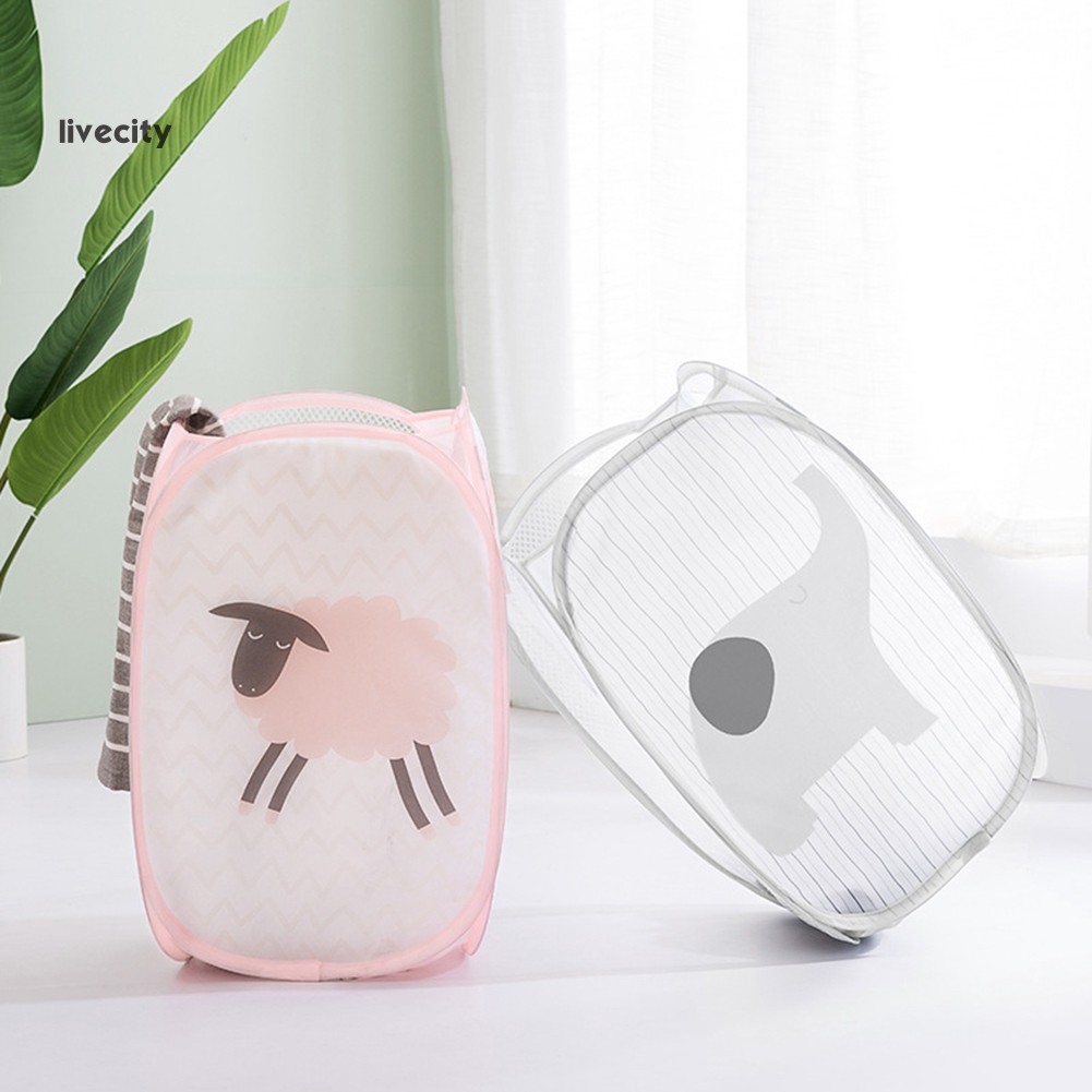 Giỏ Đựng Đồ Giặt Kẻ Sọc In Hình Voi / Cừu Cỡ Lớn Có Thể Gấp Gọn Tiện Dụng