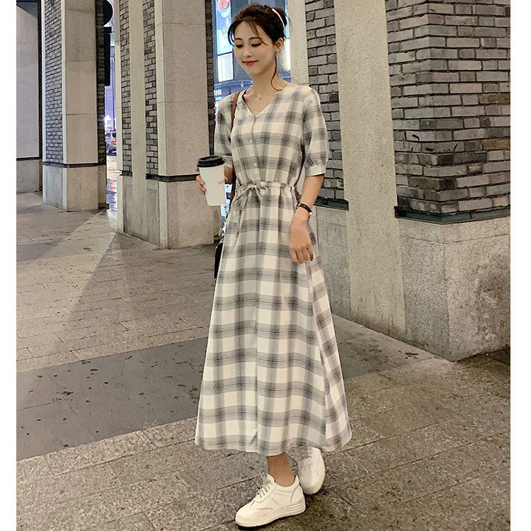 Đầm Dài Qua Gối Họa Tiết Caro Thời Trang Thu Hè Thông Minh Phong Cách Pháp Cho Nữ