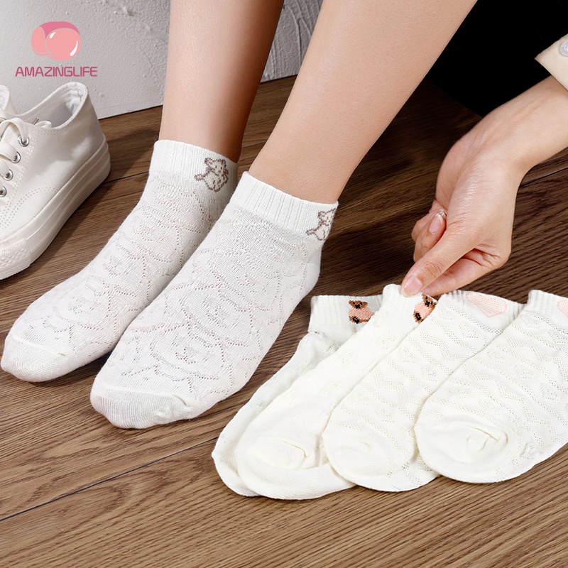 Vớ Trắng Thoáng Khí Co Giãn Mềm Mại Thân Thiện Với Làn Da Hình Gấu Dễ Thương Phong Cách Ngẫu Nhiên Mùa Hè Cho Nữ