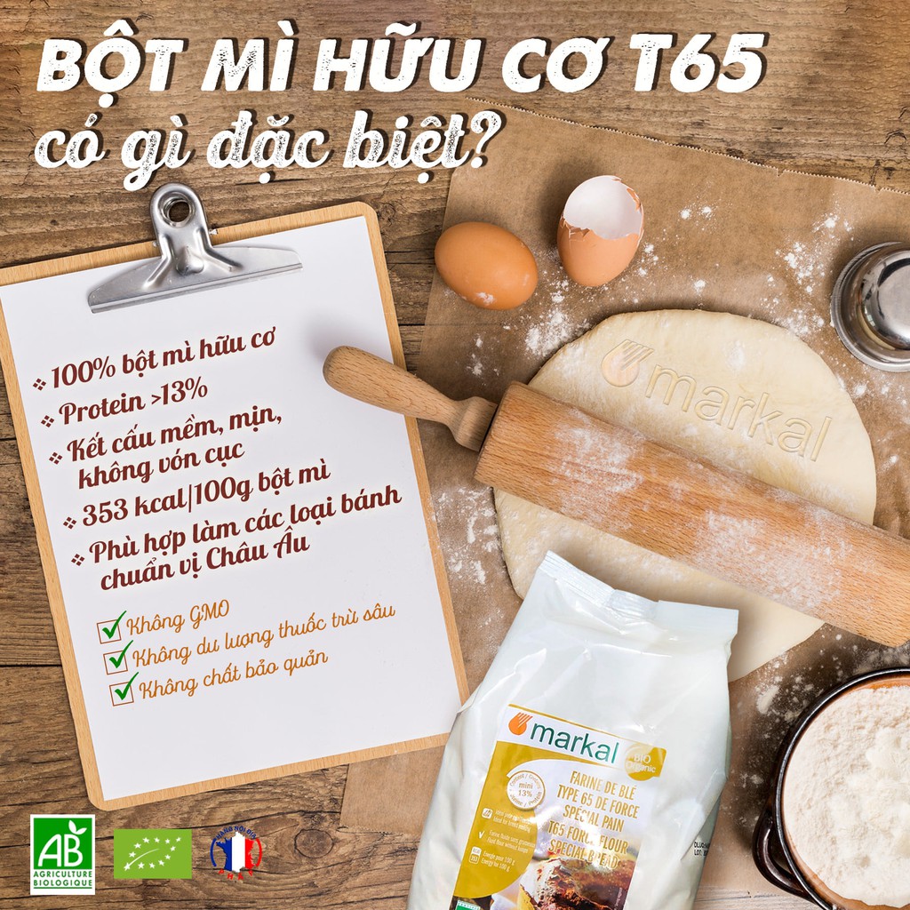 (Date 7.2022) Bột mì Hữu cơ Markal (Protein &gt; 13%)-Bột mì đa dụng, nguyên cám chuyên làm bánh cho bé ăn dặm