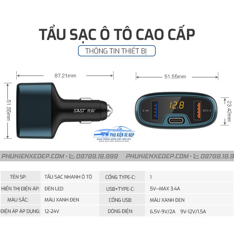 Tẩu sạc nhanh ô tô ⚡CAO CẤP⚡ SAST 2 cổng USB ( 2,4A, 3A) và 1 cổng Type-C - Bảo Hành 06 Tháng