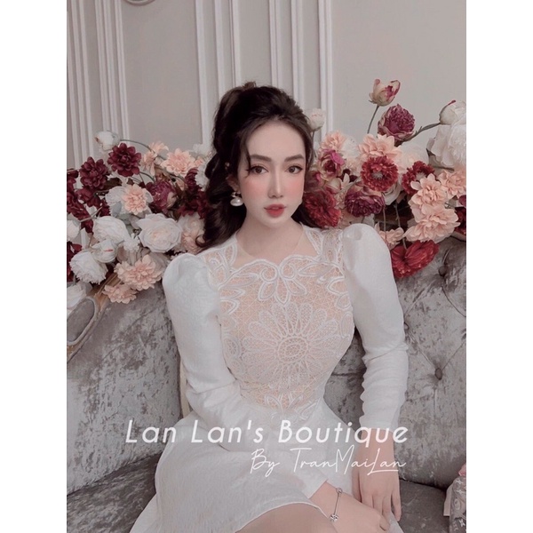 ĐẦM GẤM HOA TAY DÀI PHỐI REN NGỰC