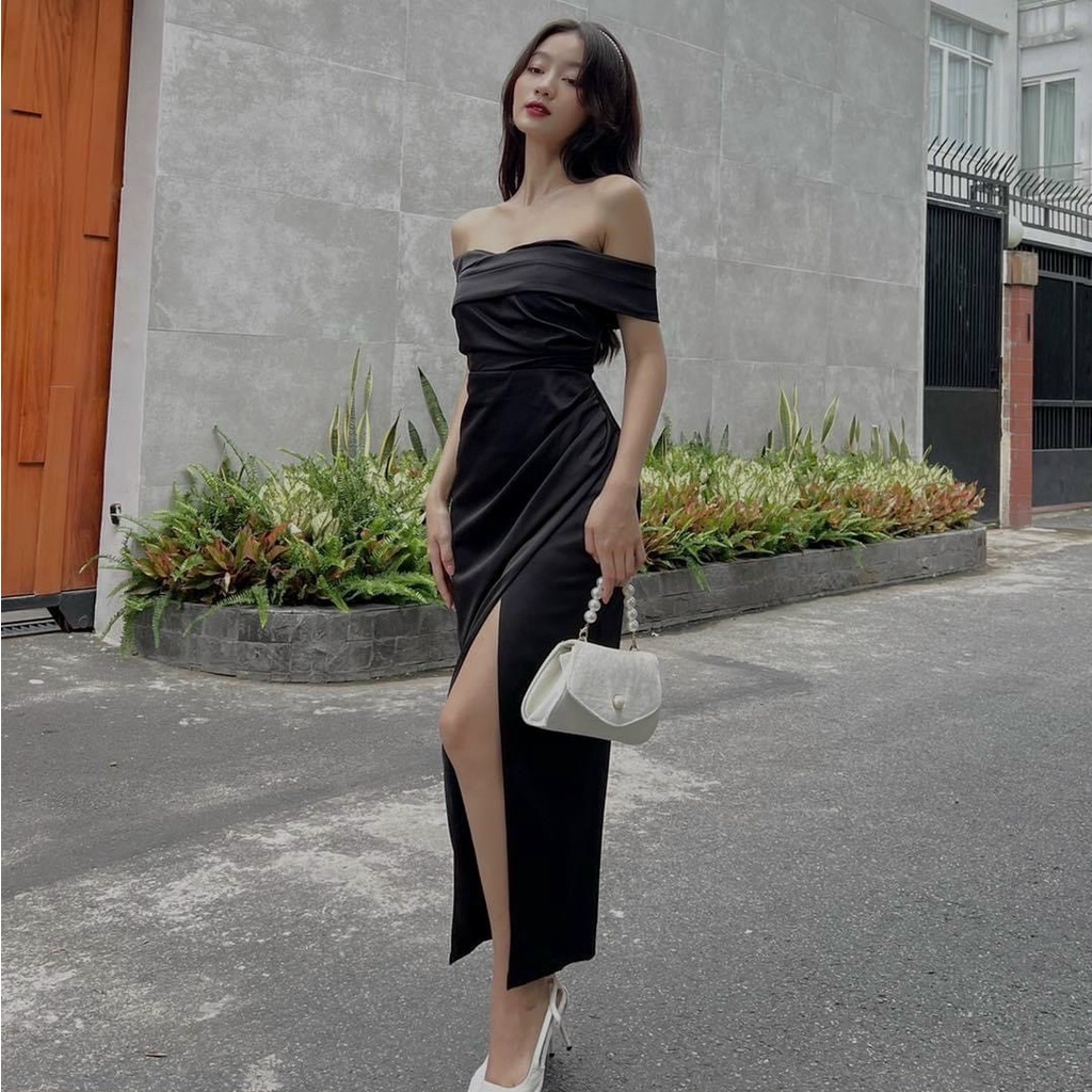 Đầm midi trắng trễ vai thiết kế ôm body xẻ tà, đầm đi tiệc cưới sang chảnh 3 màu đỏ, trắng, đen sexy nổi bật MP02