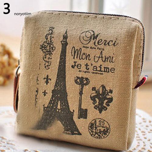 Ví đựng tiền bằng vải lanh in hình tháp Eiffel vintage cho nữ
