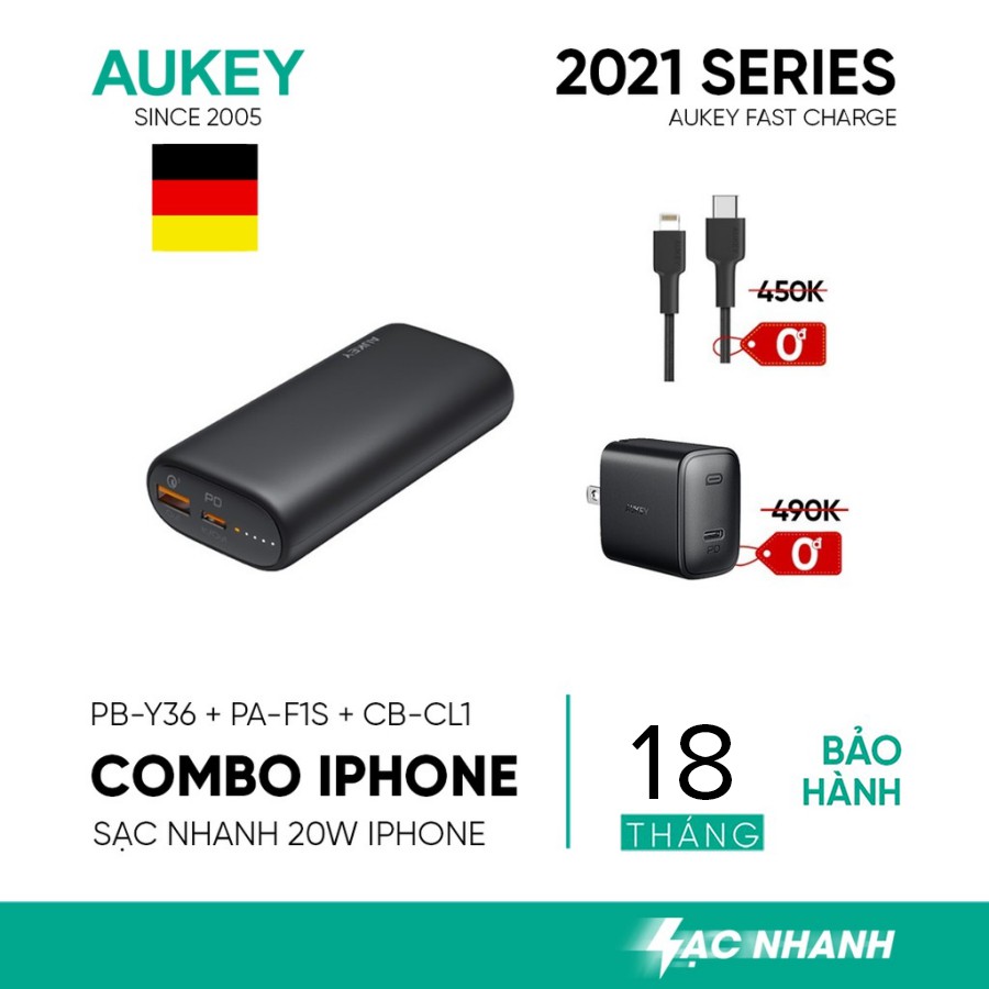 Combo AUKEY Pin 10.000 mAh PB-Y36, Cốc Sạc Nhanh PA-F1S Type C, Cáp C To Lightning CB-CL