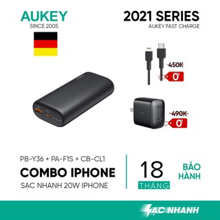 Combo AUKEY Pin 10.000 mAh PB-Y36, Cốc Sạc Nhanh PA-F1S Type C, Cáp C To LightningCB-CL