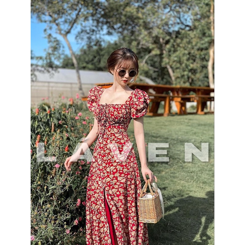 ⚡️BÁN SỈ⚡️Đầm hoa đỏ vintage cổ vuông xẻ chân | BigBuy360 - bigbuy360.vn