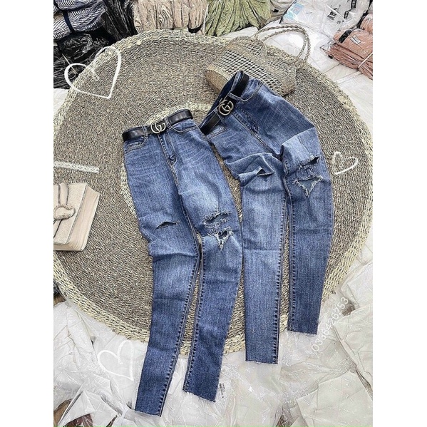 Quần Jean Nữ Bó Ống Dài, Rách Kiểu, Chất Jean Co Giãn