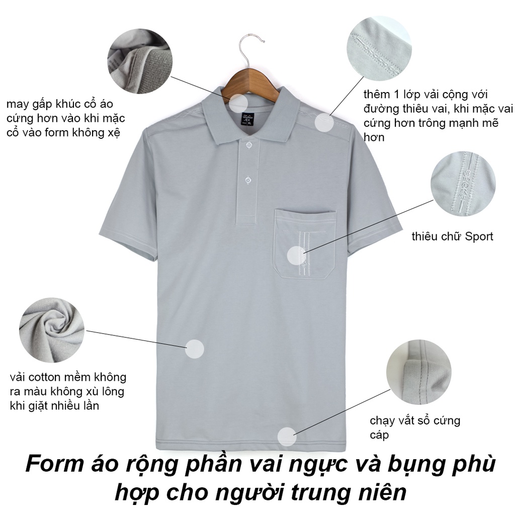 Áo thun nam tay ngắn có cổ có túi trung niên THÁI KHANG vải cotton form rộng ATHUN13