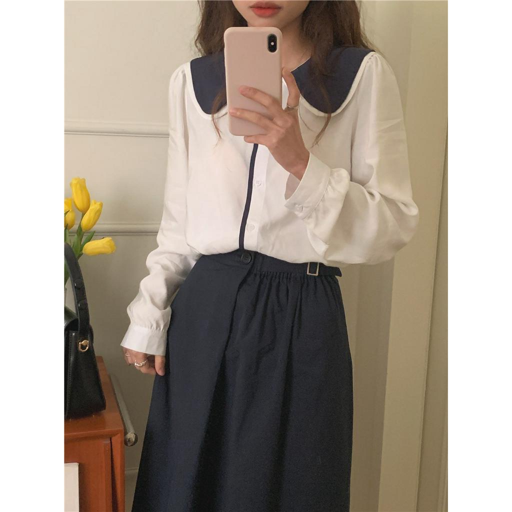 Bộ Áo Sơ Mi Tay Dài + Chân Váy Lưng Cao Co Giãn Màu Sắc Tương Phản 61329
