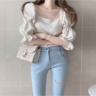 Áo kiểu CCVN tay phồng cổ vuông màu trơn phong cách đơn giản dễ phối đồ thời trang mùa hè dành cho nữ