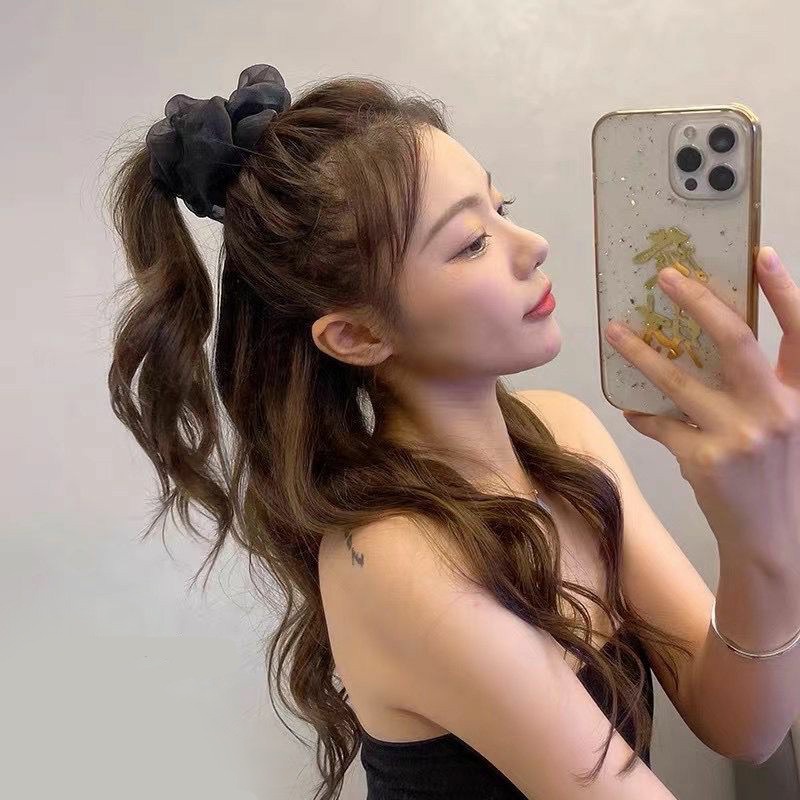 Dây cột tóc scrunchies màu trơn phối lưới vải voan bản to hot trend Hàn Quốc Tatitava