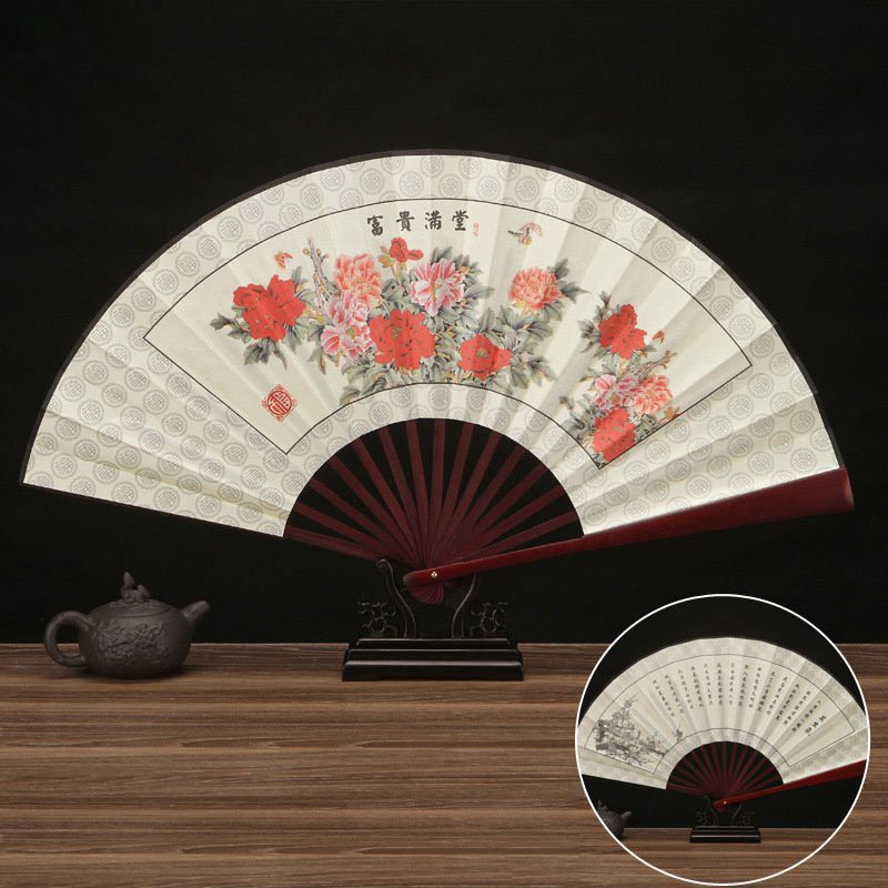 Quạt cổ phong MẪU ĐƠN cảnh nam nữ nan dài 31cm in họa tiết đẹp phong cách