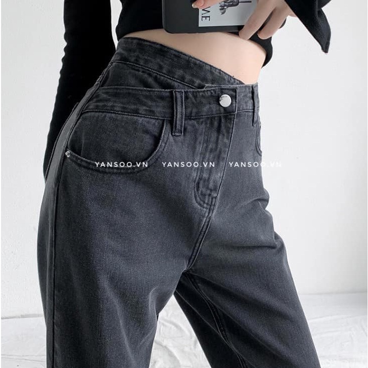 Quần JEAN bò mài cạp lệch dáng dài ống xuông khuy cài Hot Trend