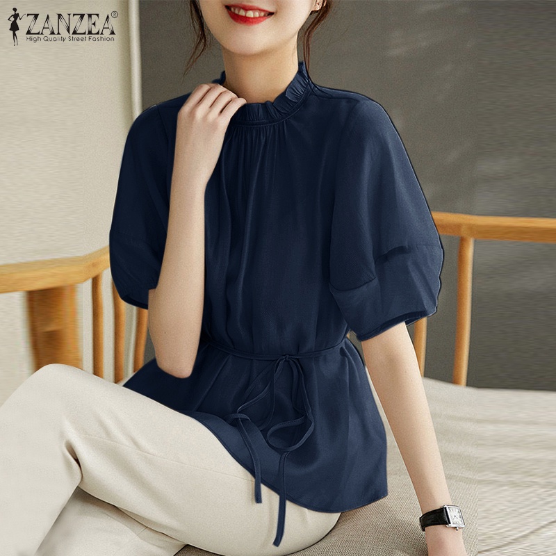 Áo kiểu Zanzea tay phồng ngắn cổ đứng phối bèo và dây thắt nút thời trang thanh lịch cho nữ