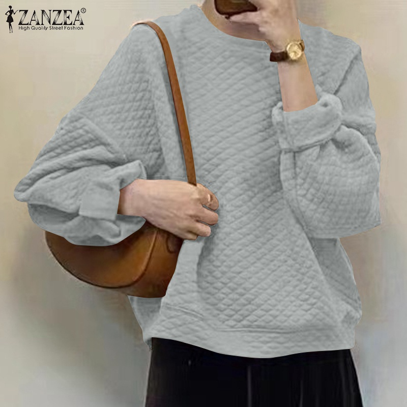 Áo sweatshirt ZANZEA tay dài cổ tròn dáng rộng màu trơn thời trang cho nữ