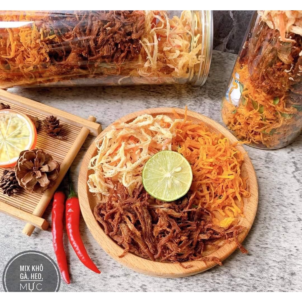 Khô Mực Mix 3 Vị Heo-Mực-Gà Hộp 300gr - Ship Hỏa Tốc
