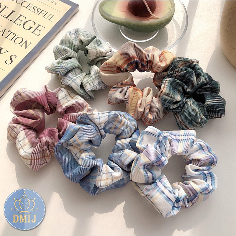 Cột Tóc Vải Scrunchies Họa Tiết Caro Vintage Hàn Quốc, Dây Buộc Tóc Scrunchies Cứng