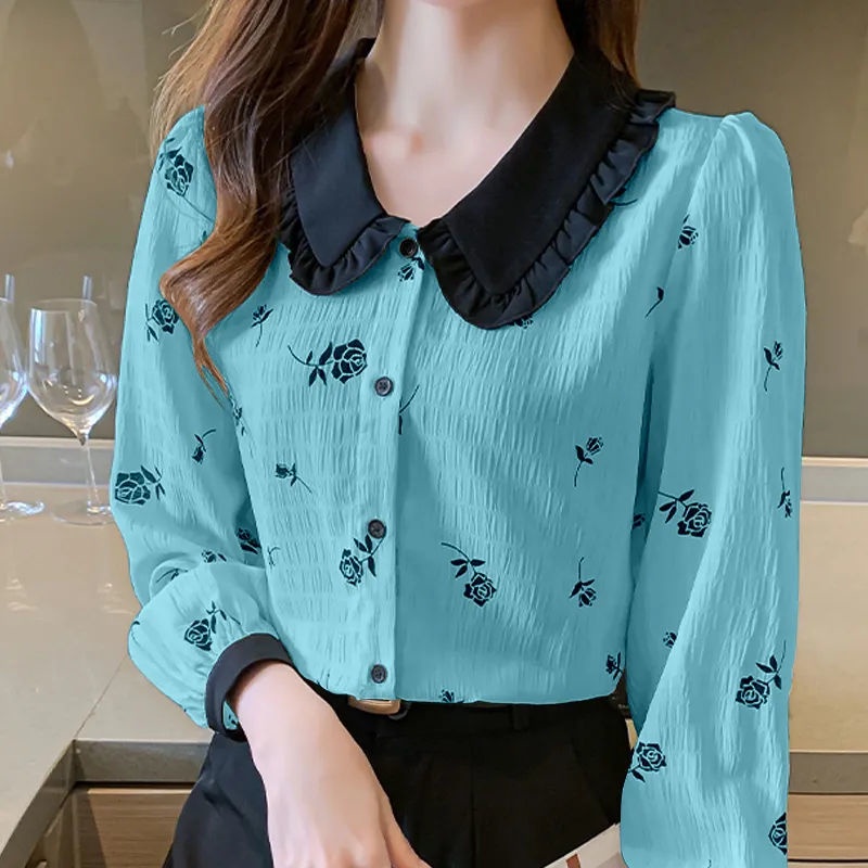 Áo Sơ Mi Chiffon Tay Dài Cổ Búp Bê In Họa Tiết Thời Trang Mùa Thu Cho Nữ