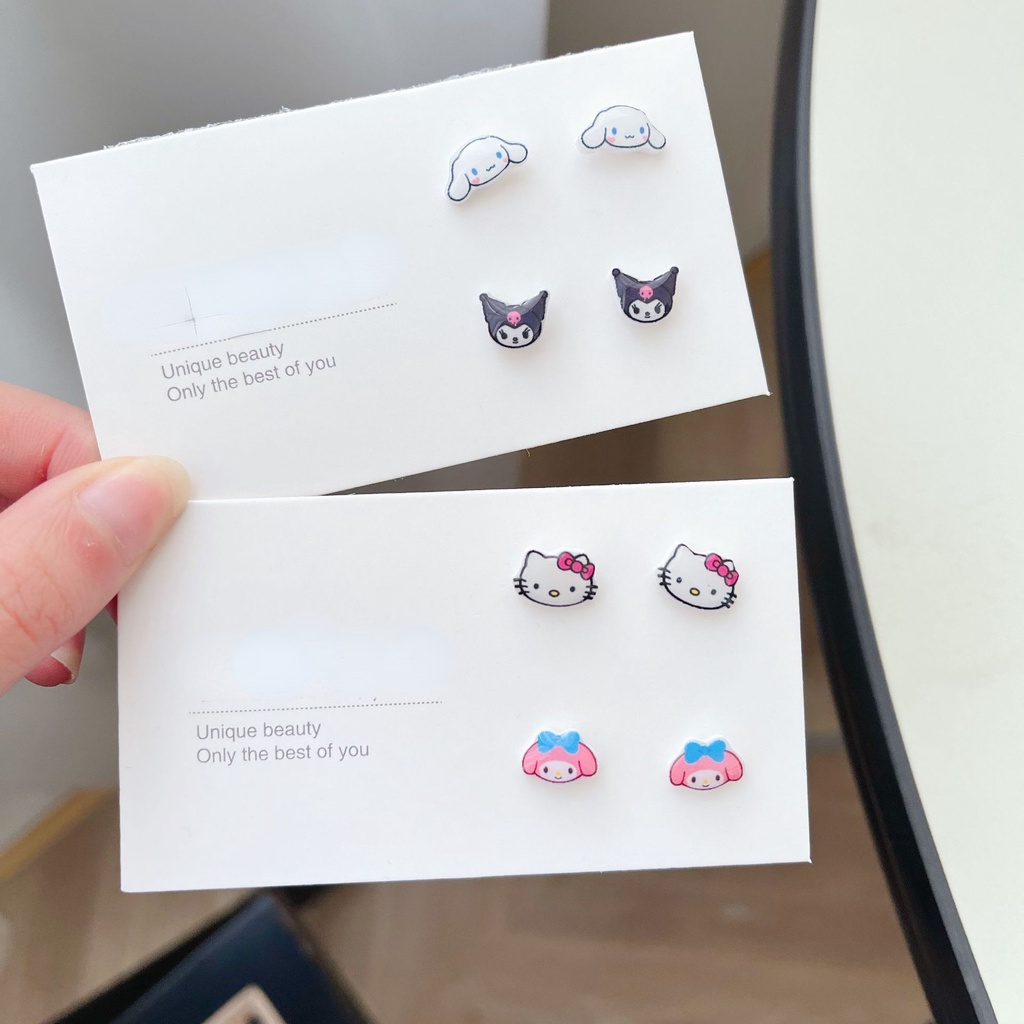 Bông Tai Nhựa Hình Học Sinh Sanrio Mèo Cinnamon Melody Kuromi Hoạt Hình Không Gây Dị Ứng