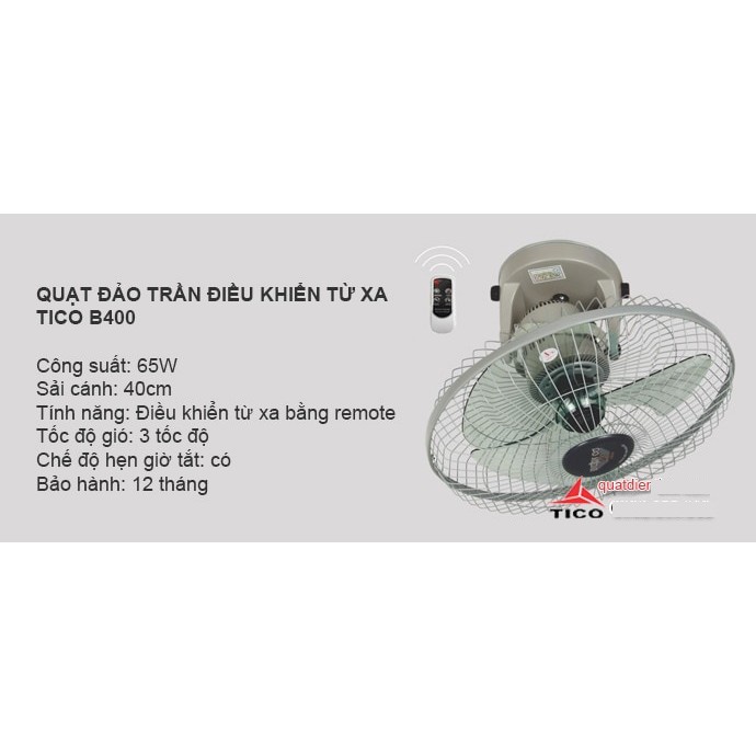 Quạt đảo, treo trần 360 độ điều khiển từ xa TICO B400