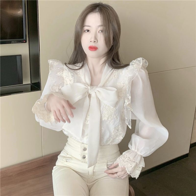 Áo sơ mi nữ, áo kiểu vải voan nơ cổ nữ tính - Có ảnh thật