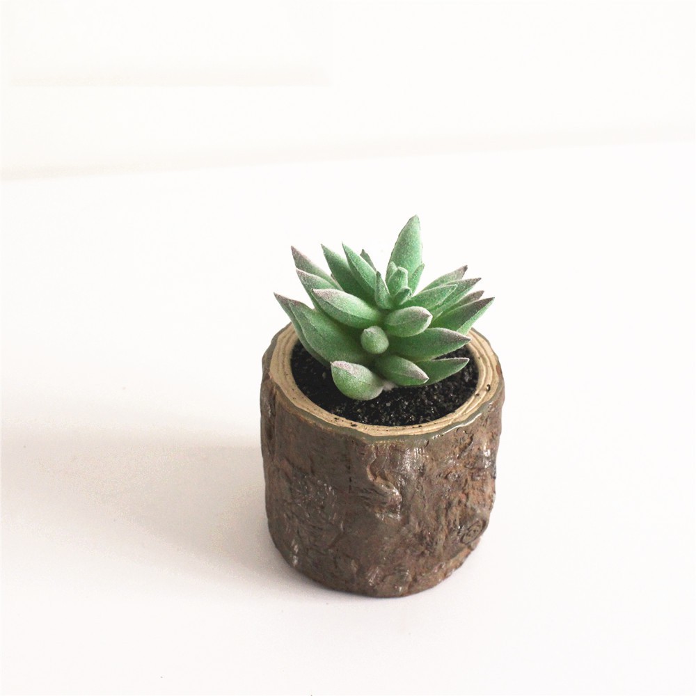 Cây Sen Đá mini nhân tạo Wooden Pot cao 12-15 cm tặng kèm chậu Concrete giả gỗ