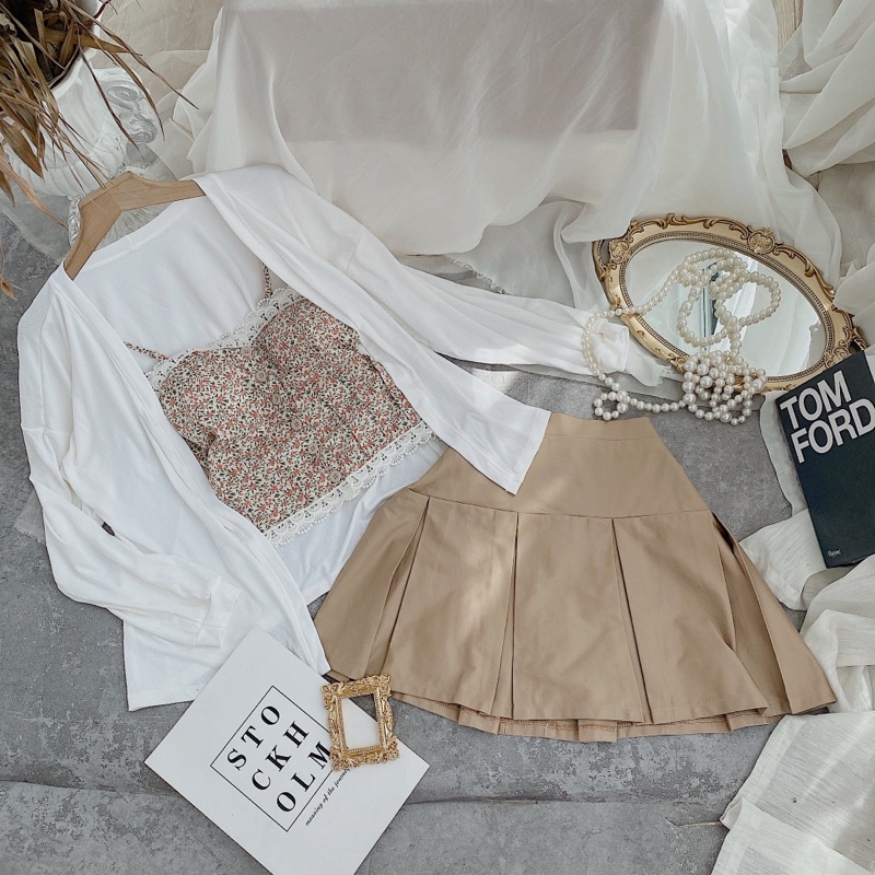 SET 3 MÓN ÁO HOA REN 2 DÂY + CHÂN VÁY KEM XẾP LY + ÁO KHOÁC TRẮNG