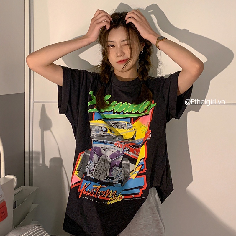 Áo thun tay ngắn cổ tròn dáng rộng in họa tiết phong cách vintage Hàn Quốc thời trang cho nữ 2 màu lựa chọn