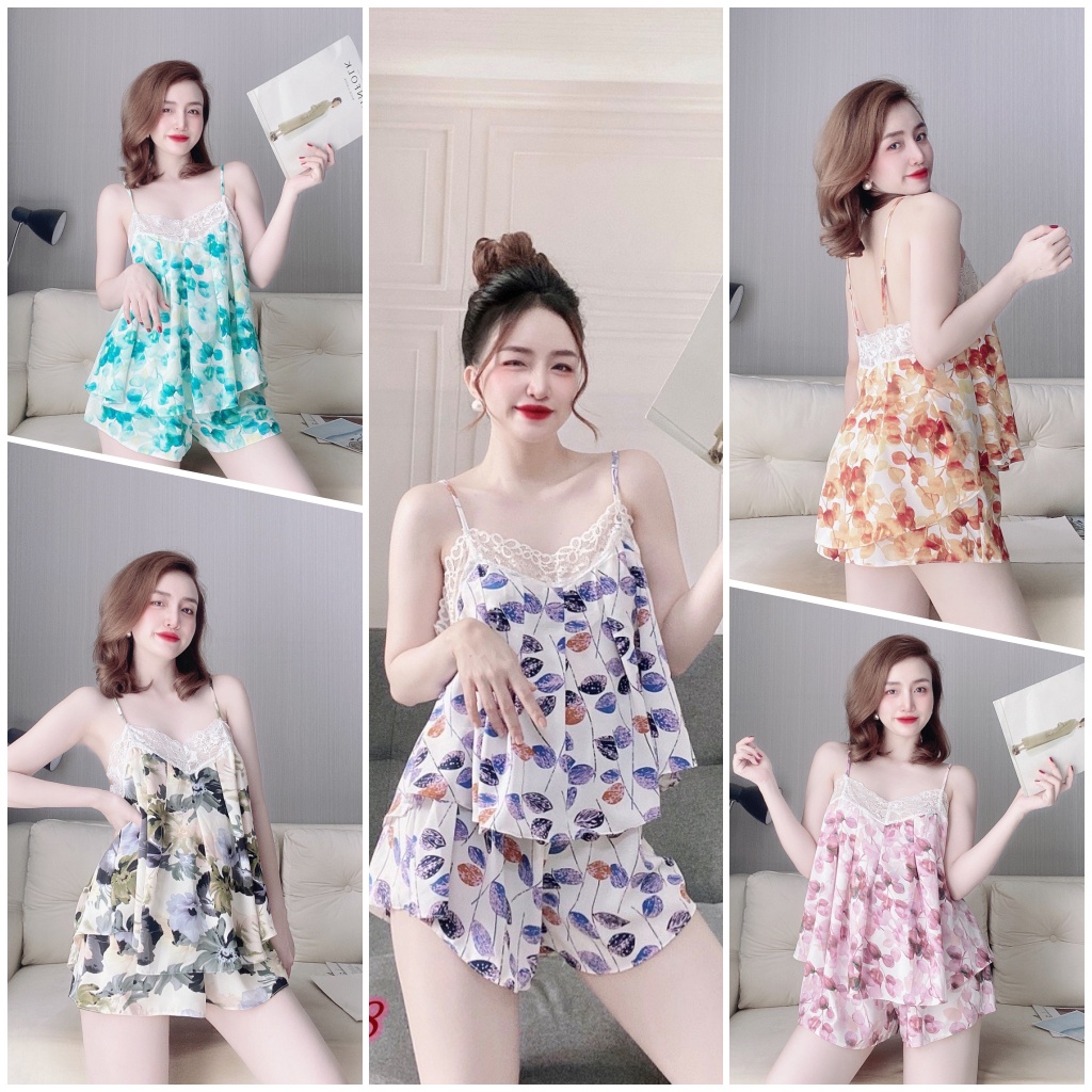 Bộ Đồ Ngủ Nữ SOJUN Vải Mango Hoa Phối Ren Dưới 70Kg