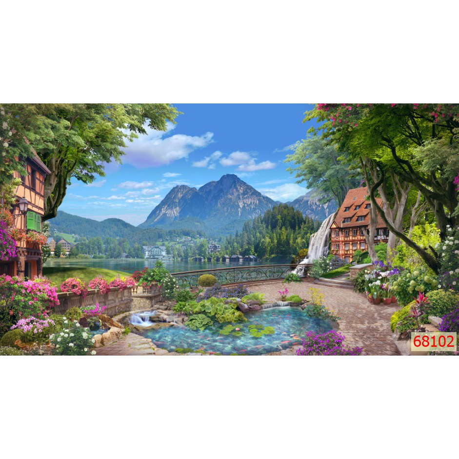 Tranh dán tường 3d phong cảnh thiên nhiên trang trí phòng khách chất liệu decal pp keo sẵn bóc dán atk19