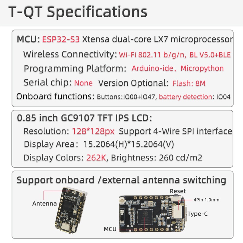 Psy LILYGO® Bảng Mạch Phát Triển Màn Hình LCD T-QT V1.1 ESP32-S3 GC9107 0.85 Inch